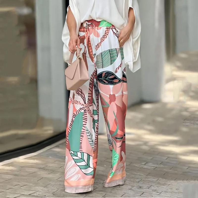 V-neck bat sleeves fashion print high waist wide leg pants suit 33