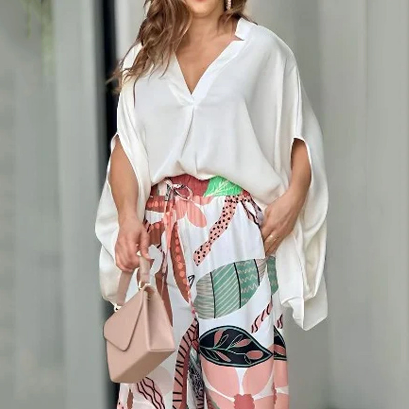 V-neck bat sleeves fashion print high waist wide leg pants suit 33