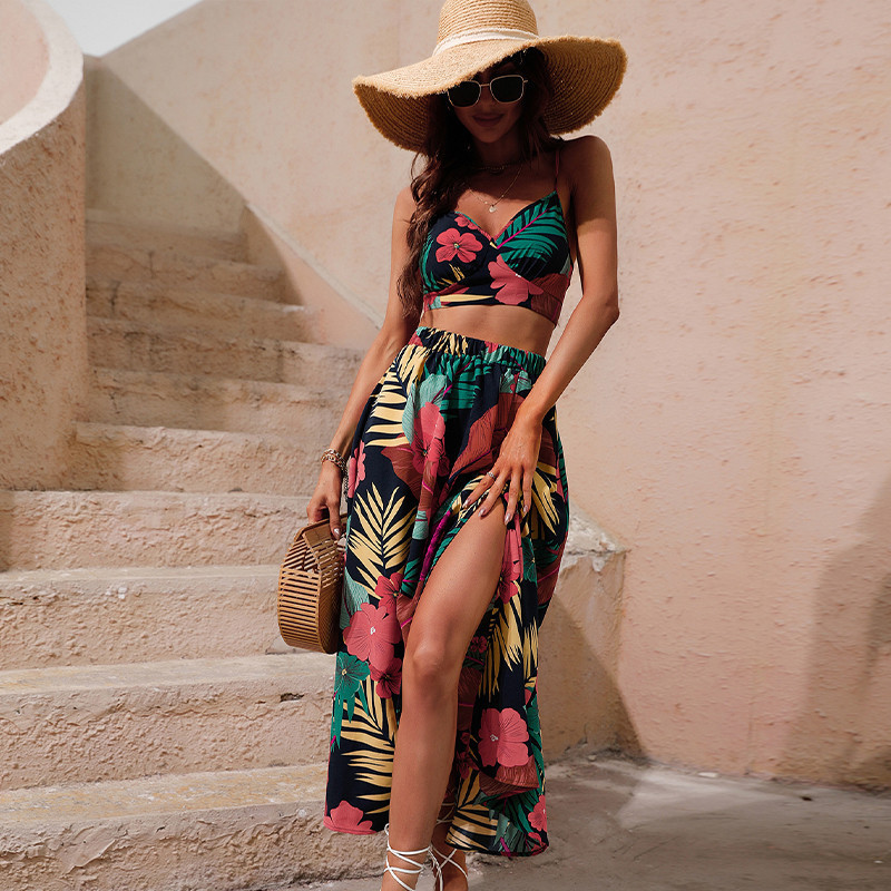 Fashion Print Beach Sexy Vest High Waist Slit Maxi Skirt 34
