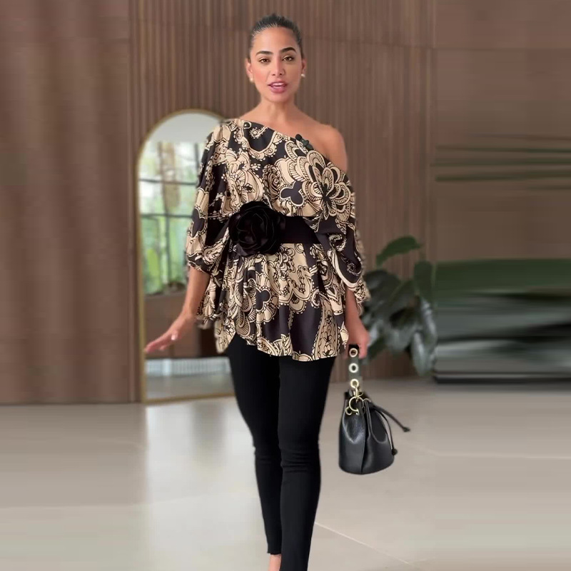 Printed oblique collar long sleeve loose casual women's top 44