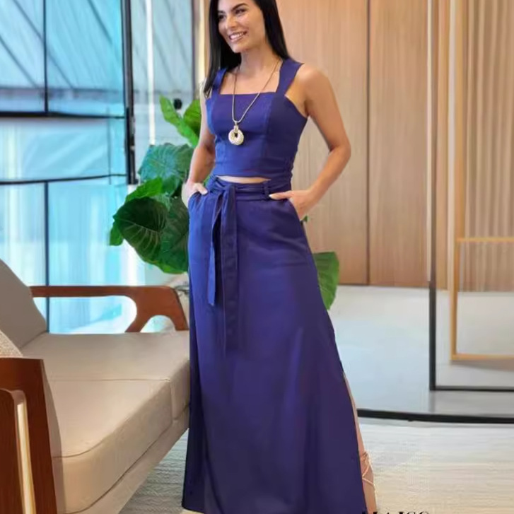 Women's Navel-Baring Camisole Top High Waisted Maxi Skirt Set 54