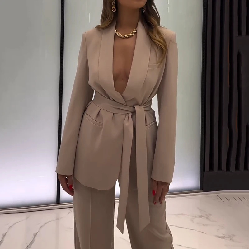 Deep V-neck waist sexy slim fit temperament long sleeve suit 21 02