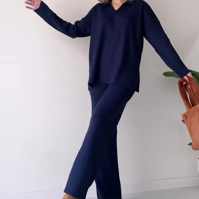 Fashion lapel loose casual sweater two-piece suit for women 9